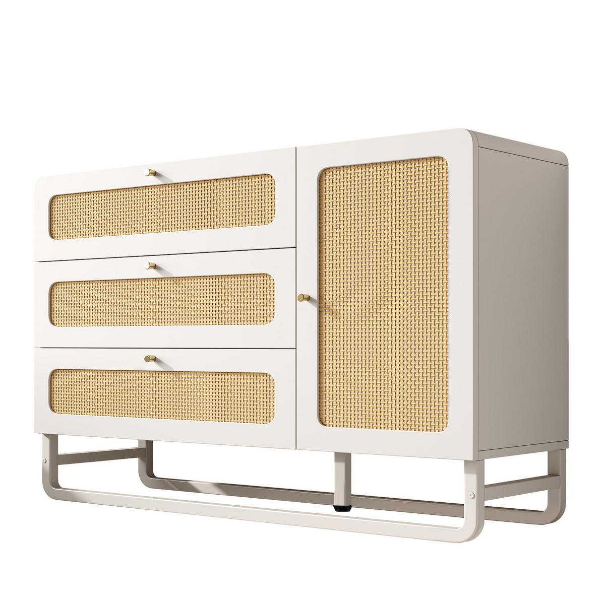 SIDEBOARD aus Holz und Metall 120x40x85 cm Weiß mit Rattanfronten, 3 Schubladen, Türschrank und verstellbaren Einlegeböden - Weiß, Metall (120/85/40cm) - Modfu