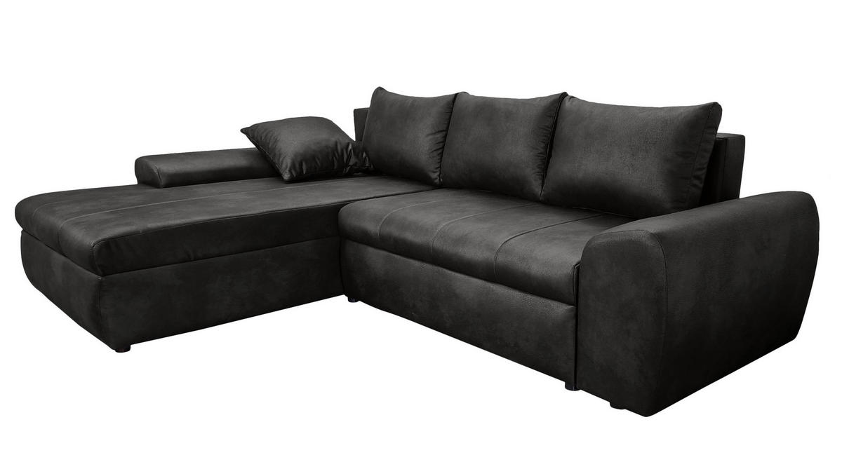 ECKSOFA mit Schlaffunktion, Bettkasten, Wellenunterfederung, Ottomane links B266/T186/H90 cm, Mikrofaser Leder-Optik Vintage Schwarz / 18016 - Schwarz, Kunststoff/Textil (266/186cm) - luma-home