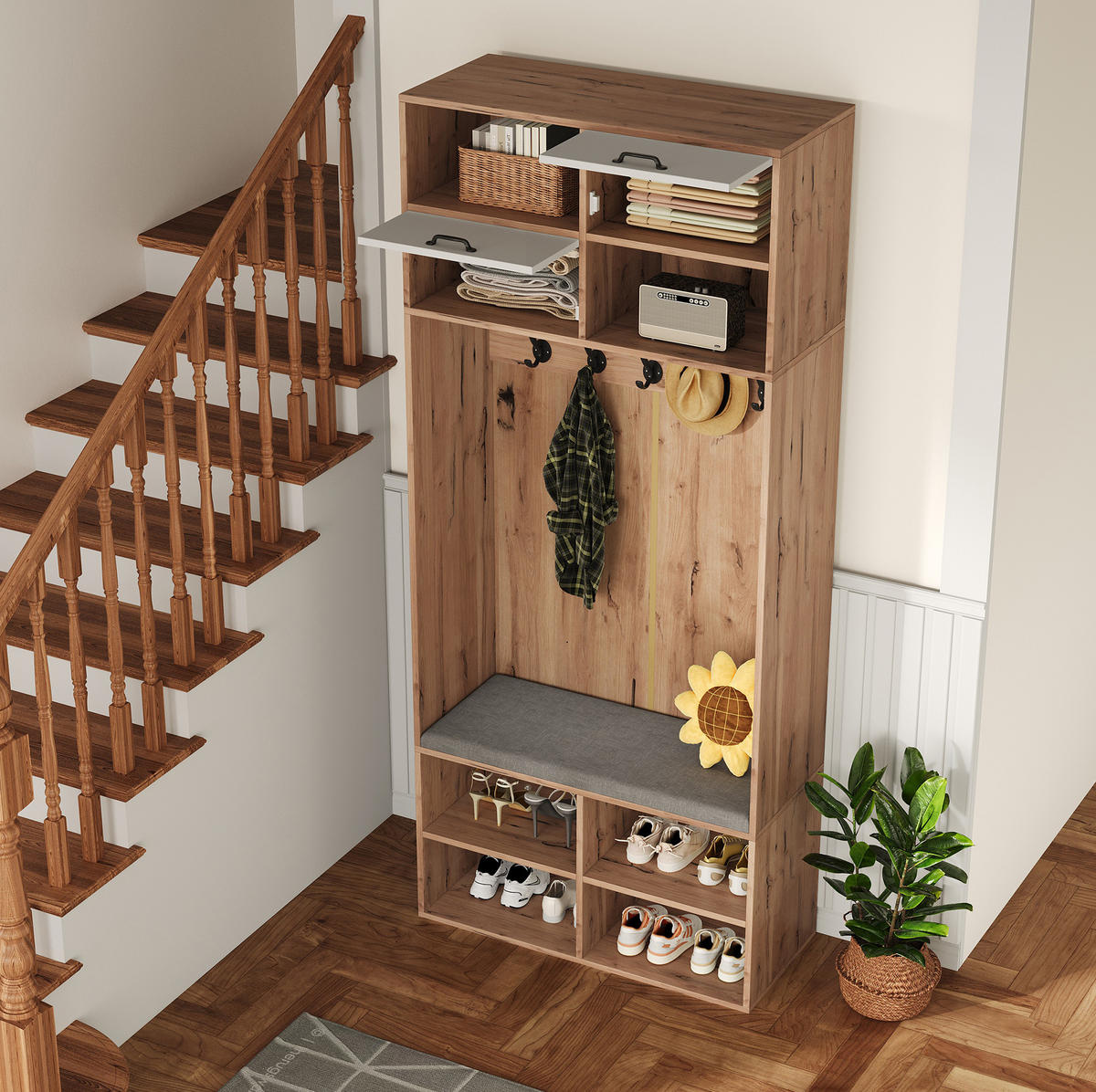 GARDEROBENSET 80/35/185 cm aus Spanplatte mit Sitzbank und LED-Beleuchtung Weiß/Naturfarben - Naturfarben, Holzwerkstoff (80/185/35cm) - Modenvie