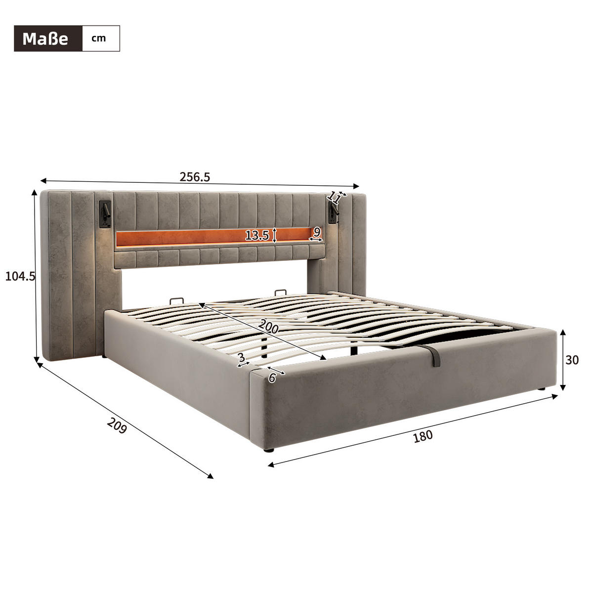 POLSTERBETT 180/200 cm mit LED-Beleuchtung, USB-Anschlüssen, Nachttischlampe und Bettkasten, Grau - Grau, Textil (180/200cm) - Redom