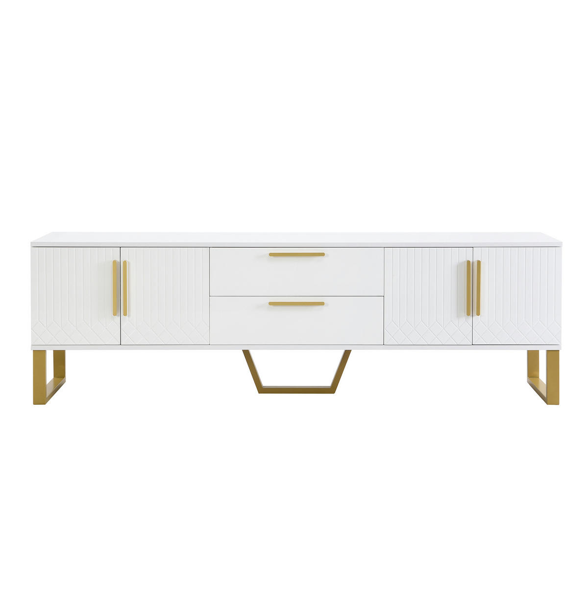 TV-SCHRANK aus MDF 170x40x53,5 cm Weiß/Gold mit 4 Türen, 2 Mittelschubladen und Kabeldurchführung in Hochglanz - Weiß, Holzwerkstoff (170/53.5/40cm) - Modfu