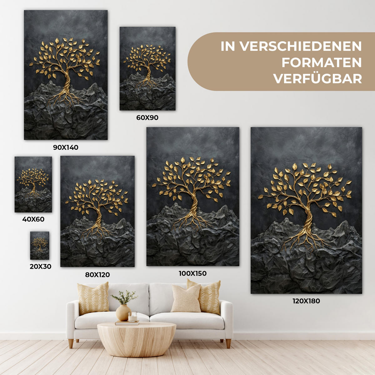 LEINWANDBILD Blätter - Gold - Baum - Fels Deko Groß 90x140 cm - Schwarz, Textil (90/140cm) - MuchoWow