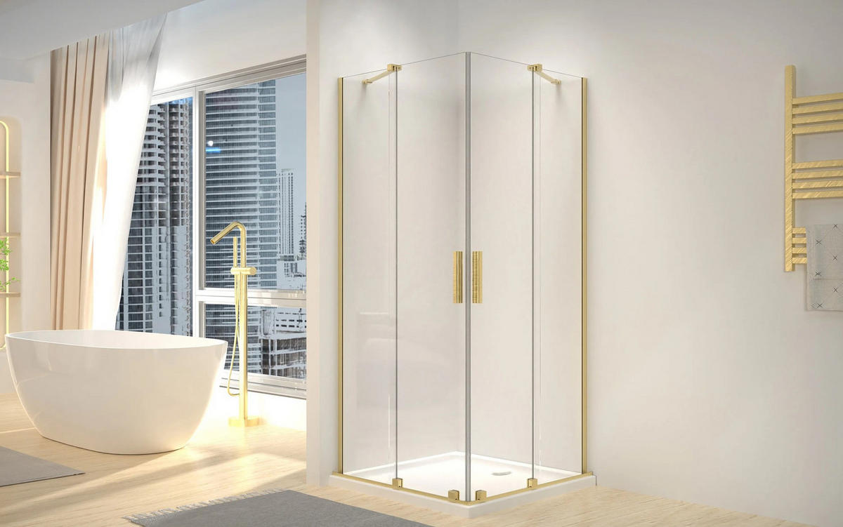 DUSCHKABINE Rea Montana Double Gold Brush 90x90 - Goldfarben, Glas (90/90/200cm) - REA