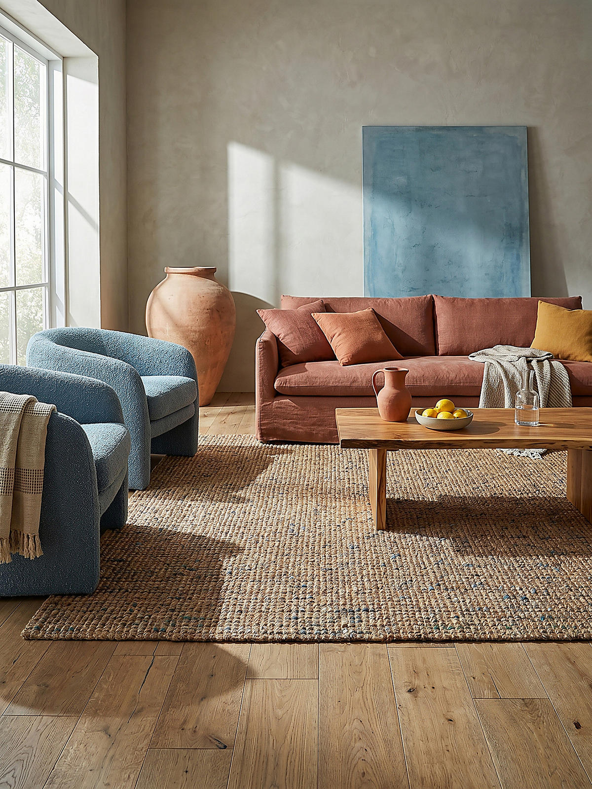 JUTETEPPICH Jute Naturbelassen, Wohnzimmer Natur-Blau Rechteckig 200x290 - Beige, Textil (290/200cm) - KADIMA DESIGN