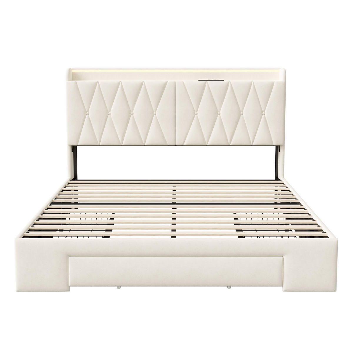 POLSTERBETT 140x200 cm mit 3 Schubladen, bett 140x200 mit USB und LED, Stauraum, Lattenrost, Samt, Beige - Beige, Holz/Textil (140/200cm) - GENKI LIVING