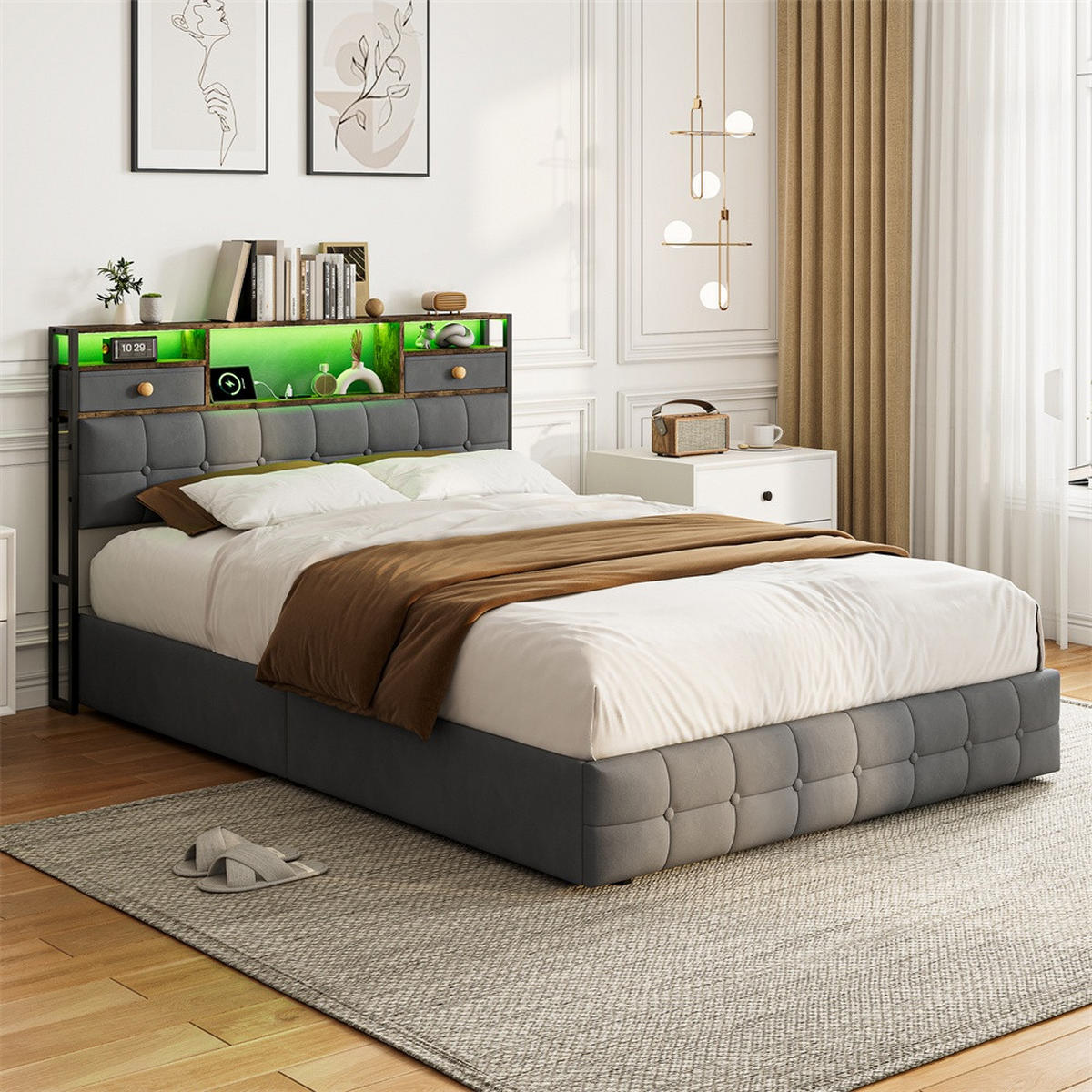 POLSTERBETT 140x200 cm mit LED-Beleuchtung - USB-Ladefunktion und 6 Schubladen - ohne Matratze - Grau - Grau, Textil (140/200cm) - DELFA