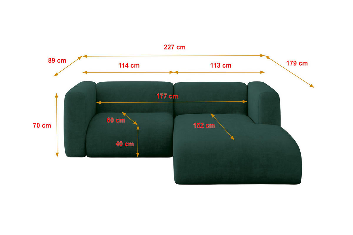 ECKSOFA Ottomane Rechts MIRA-L1 227x179x89 Grün Velours - Dunkelgrün/Schwarz, Holzwerkstoff/Kunststoff (227/179cm) - ALTDECOR