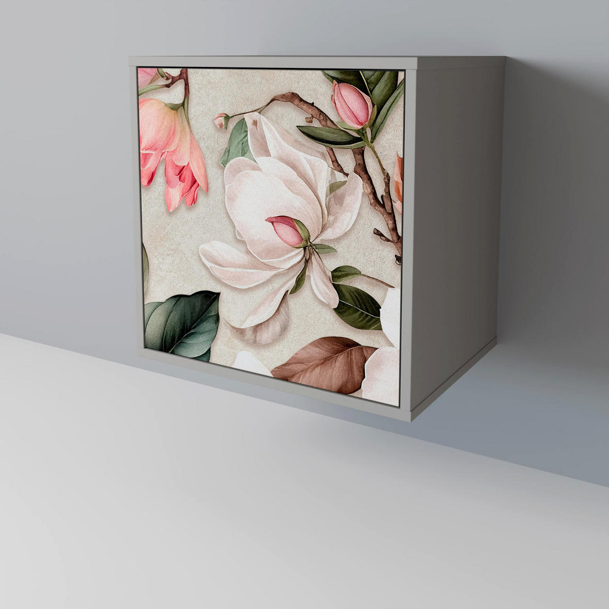 SIDEBOARD FLORAL GRACE, Grau, 57,5x42x67,5 cm, Schwarze Metall-Rahmenfüße - Multicolor/Schwarz, Holzwerkstoff/Metall (57.5/67.5/42cm) - SpaceRebels
