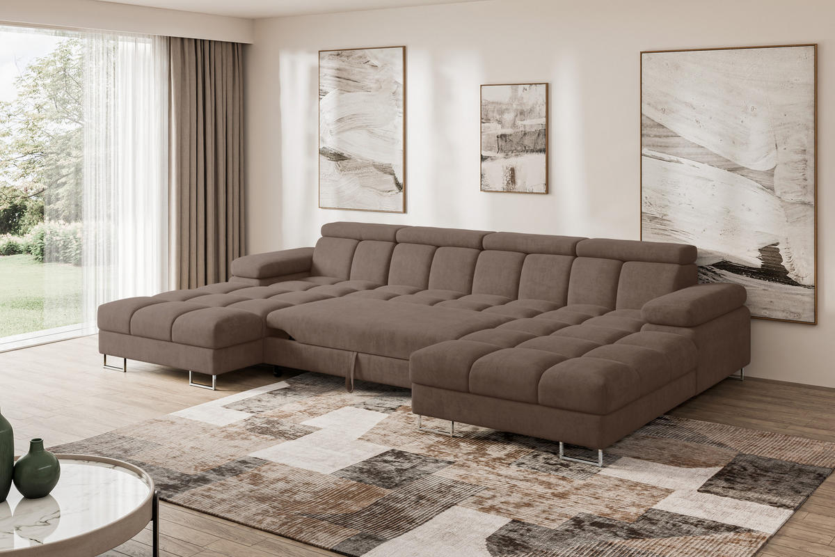 WOHNLANDSCHAFT mit Schlaffunktion und Bettkasten COMA U2 345x203x79 Braun Velours - Braun, Holzwerkstoff/Textil (345/79/203cm) - ALTDECOR