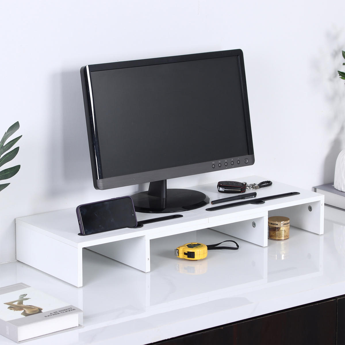 MONITORSTÄNDER - Weiß, Holzwerkstoff (27/105/10cm) - Relaxdays