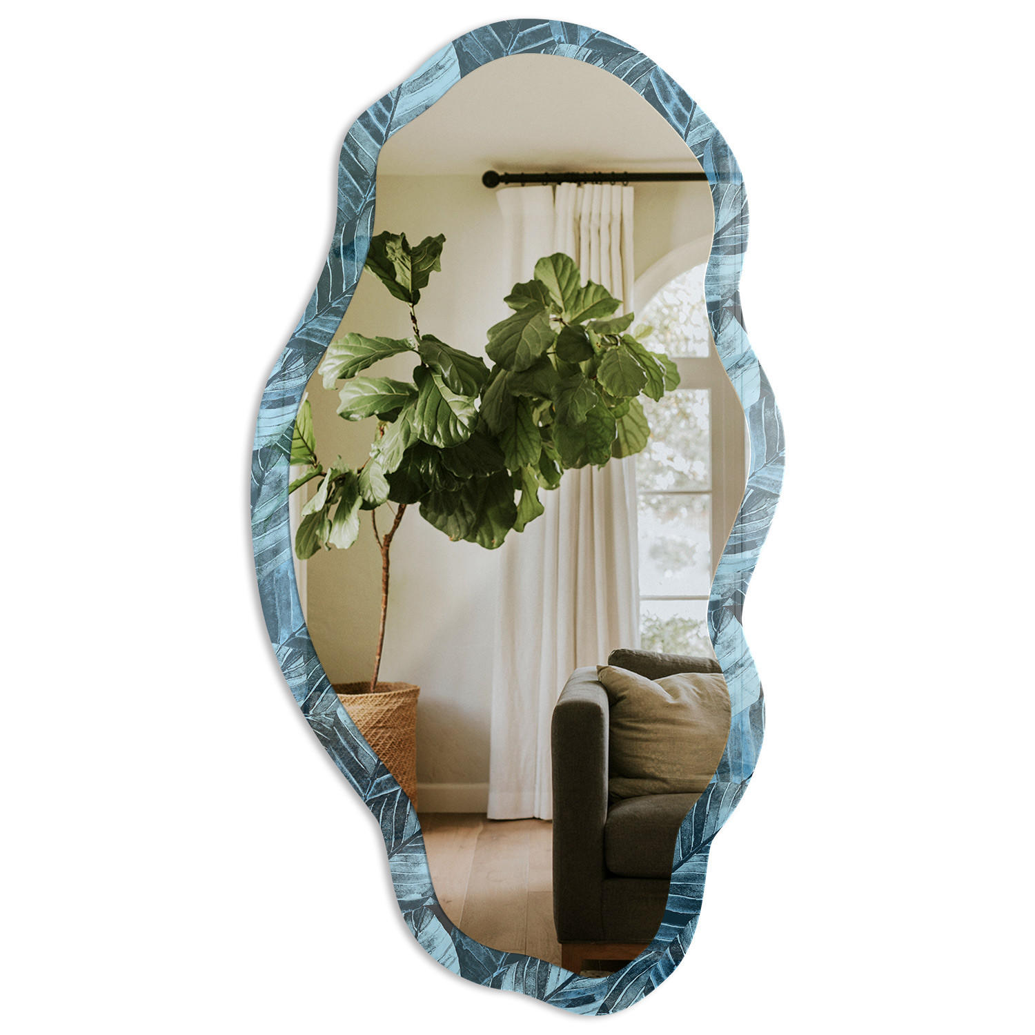 SPIEGEL 90x45 cm asymmetrisch mit Druck - Blaue Blätter - Transparent, Glas (45/90/0.4cm) - TULUP