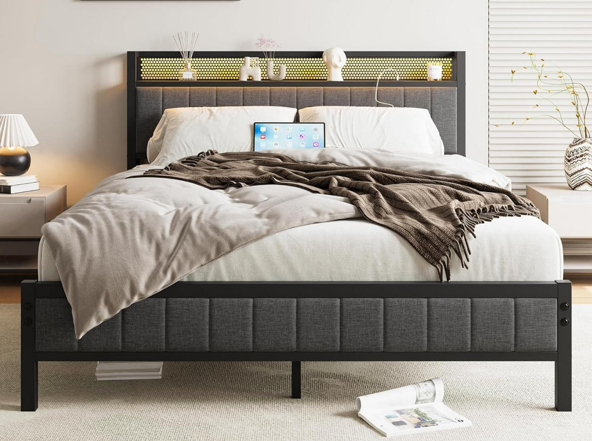 METALLBETT 140/200 cm mit Ablage und USB und Type C Anschlüssen in Schwarz - Schwarz, Metall (140/200cm) - BEAOK
