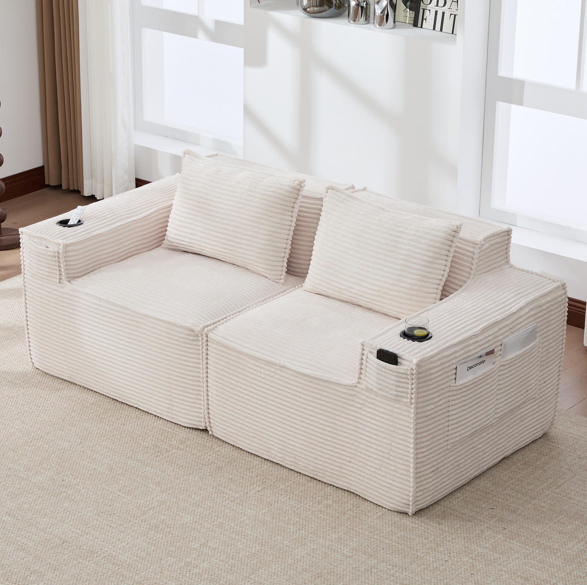 SOFA 2-Sitzer modular mit Getränkehaltern 188 cm Beige - Beige, Kunststoff (188/75/90cm) - Meubliv