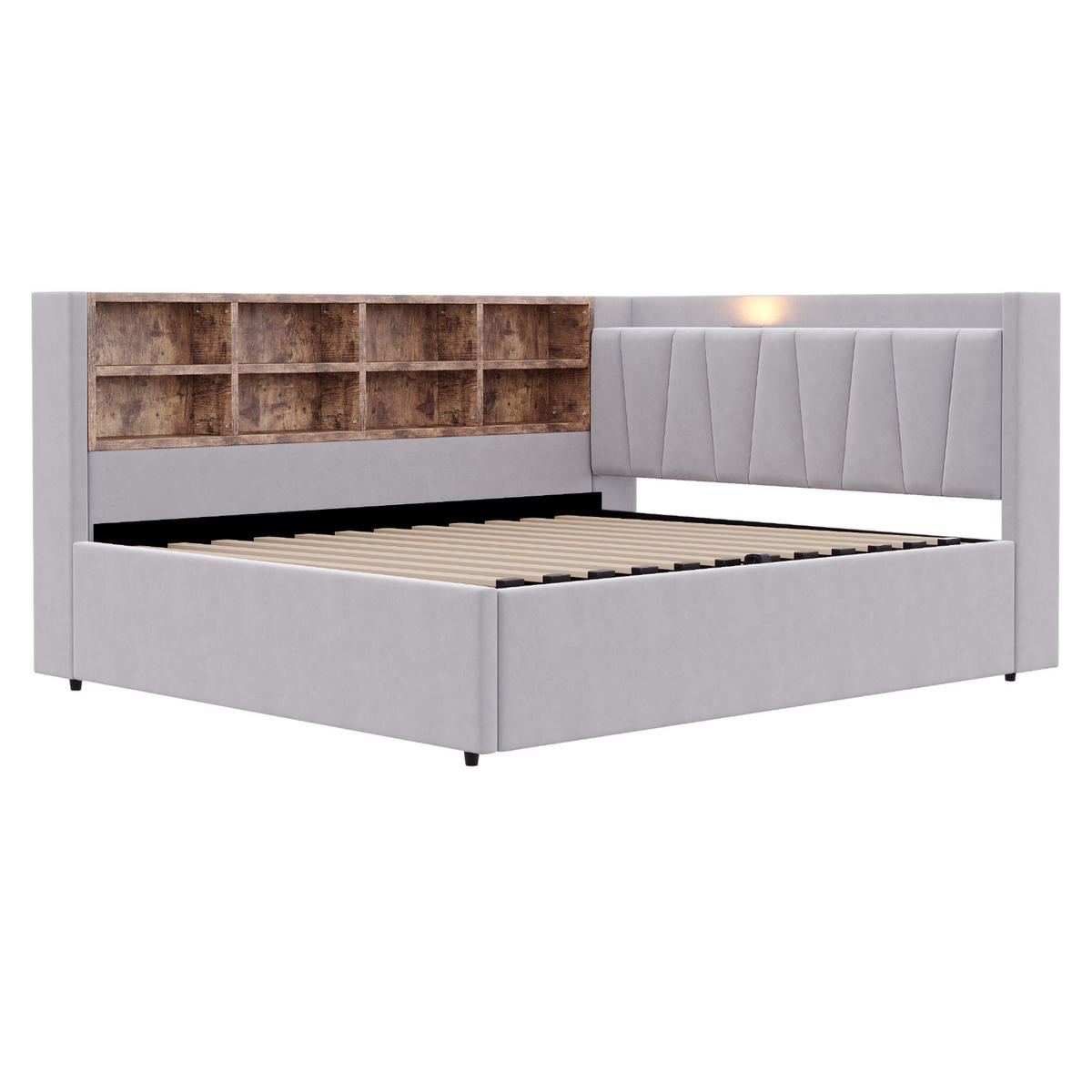SCHLAFSOFA 140/200 cm in Hellgrau Samt mit Stauraum, LED und USB - Hellgrau, Holzwerkstoff/Textil (140/200cm) - WISHDOR