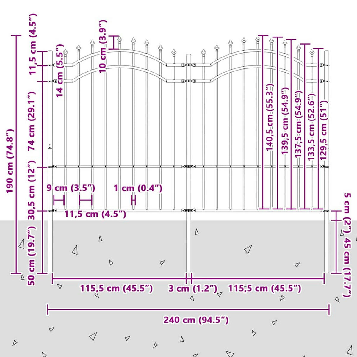 GARTENZAUN mit Speerspitze, 239/190 cm, aus Pulverbeschichteter Stahl, Schwarz - Schwarz, Metall (239/190cm) - vidaXL