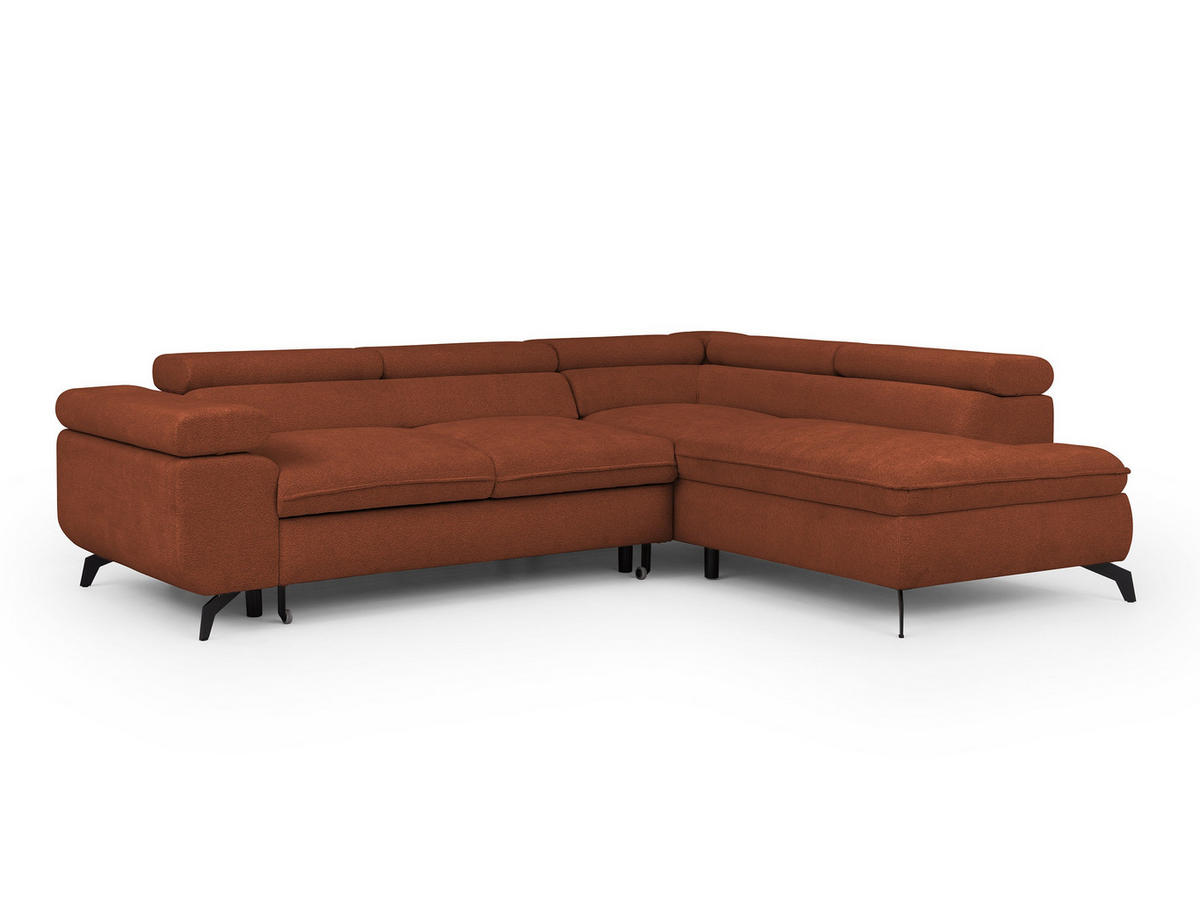 ECKSOFA mit Schlaffunktion und Bettkasten Bonnie aus Terrakotta Chenille-Stoff mit verstellbaren Kopfstützen und Armlehne - Ottomane rechts - Terracotta/Schwarz, Holz/Textil (275/210cm) - S-Style Möbel