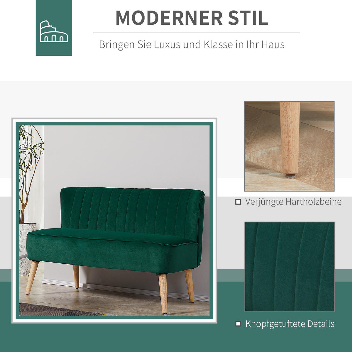 SOFA 2-Sitzer, Holz, Stoff, Dunkelgrün - Dunkelgrün, Holz (56.5/77/117cm) - HOMCOM