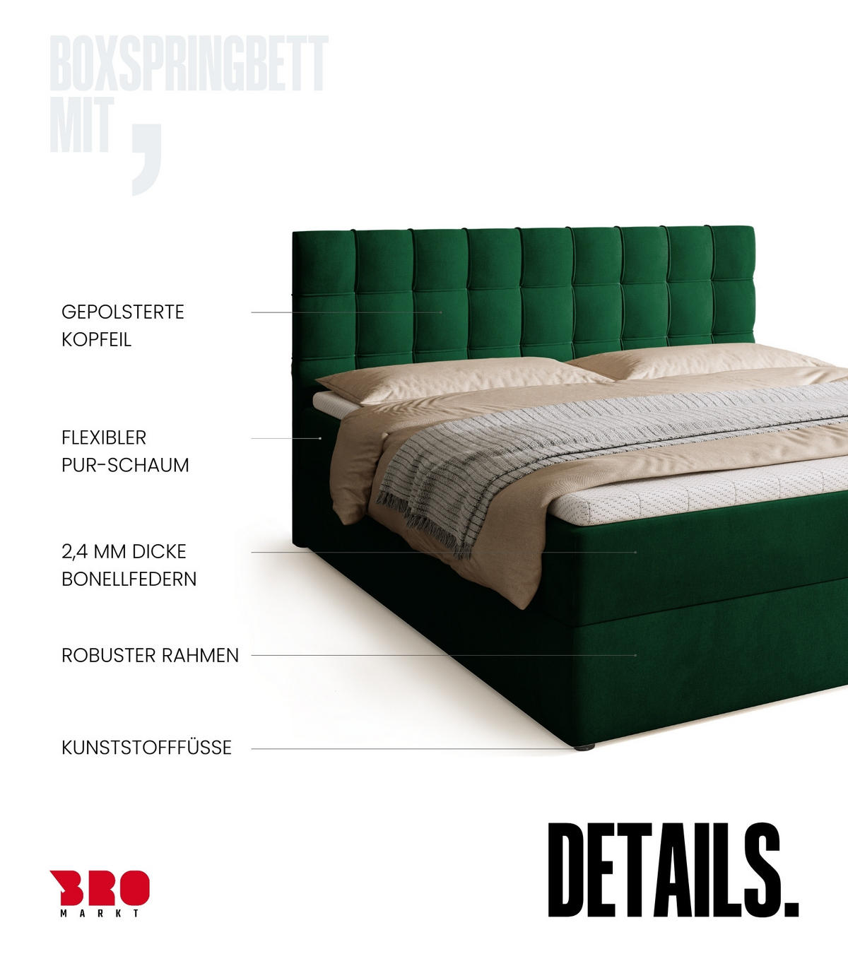 BOXBETT Detroit mit Topper 180/200 Grün - Grün, Holzwerkstoff/Textil (180/200cm) - Bromarkt