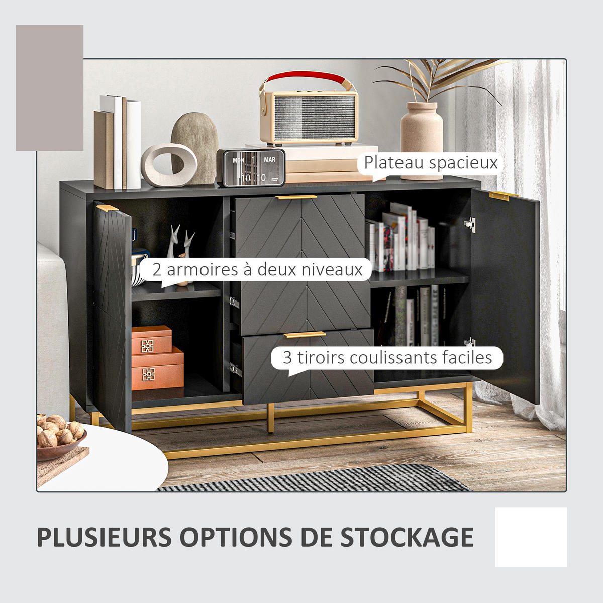 SIDEBOARD Schwarz-Gold, 2 Türen, 3 Schubladen, 120/40/76 cm - Schwarz, Holz (120/76/40cm) - PANGIVO