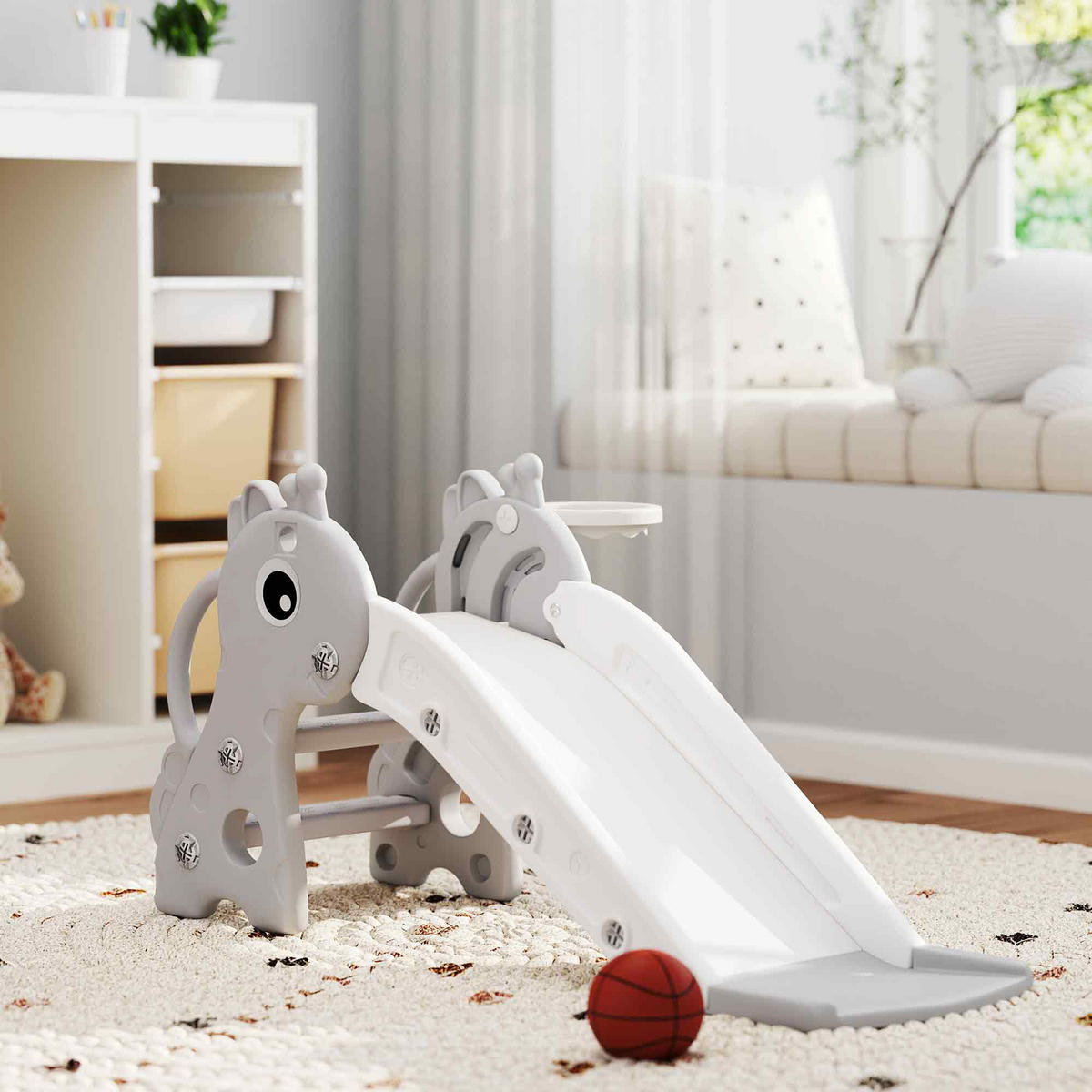 KINDERRUTSCHE, 3 in 1, Kleinkinderrutsche mit Basketballkorb, Basketball, Grau - Grau, Kunststoff (51.5/52/106cm) - AIYAPLAY