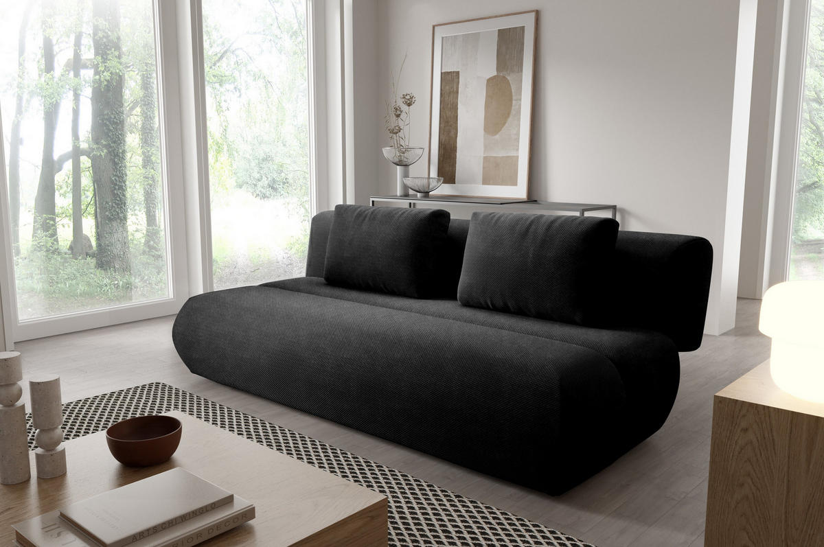 BETTSOFA ATOMO Schwarz Velours-Stoff mit Schlaffunktion - Schwarz, Holz (217/82/134cm) - MASSENO