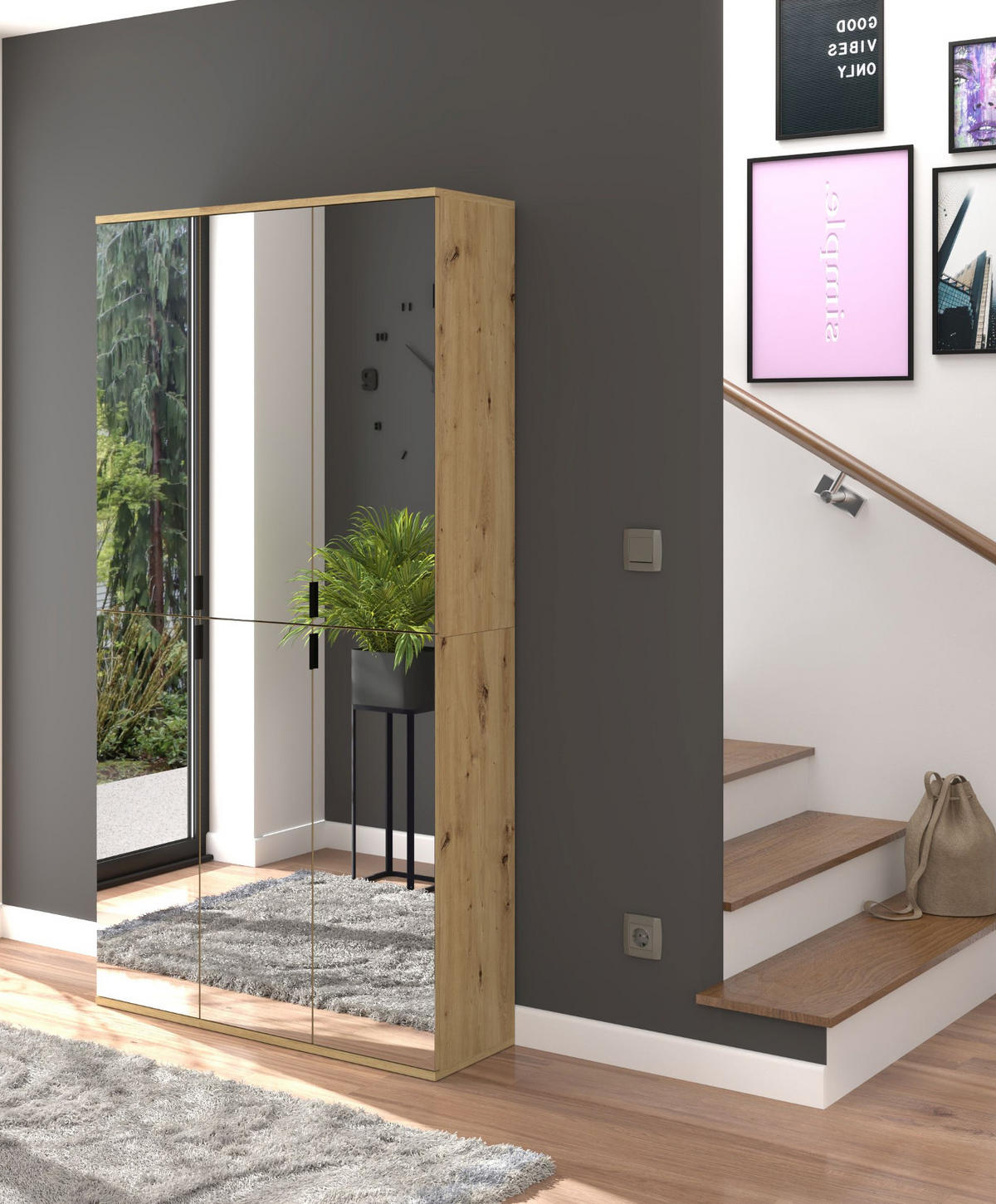 GARDEROBENSCHRANK Artisan Eiche 91 cm, Flurschrank 6-türig mit Spiegel - Chromfarben/Schwarz, Glas/Holzwerkstoff (91/193/34cm) - Inn.Furn