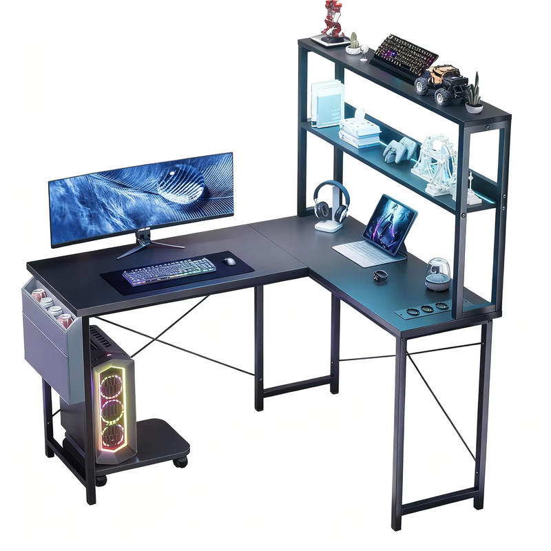 L-COMPUTERTISCH 148 cm mit RGB Beleuchtung Steckdose Schwarz - Schwarz, Holz (135/48/148cm) - Kaket