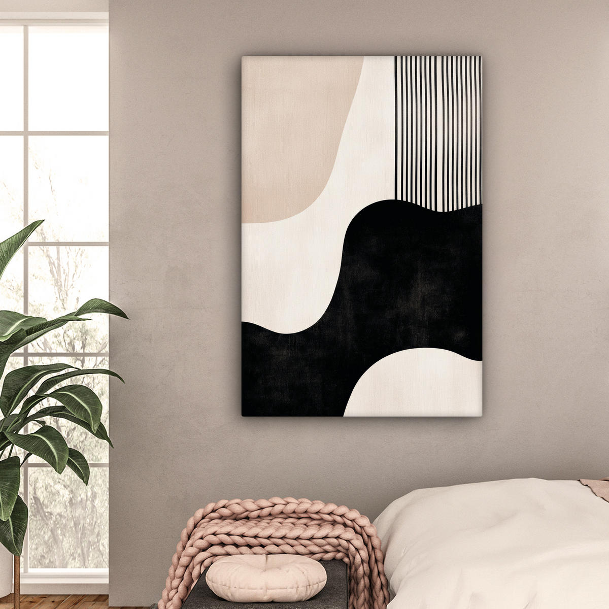 LEINWANDBILD Abstrakt - Japandi - Beige - Modern Deko Groß 90x140 cm - Schwarz, Textil (90/140cm) - MuchoWow