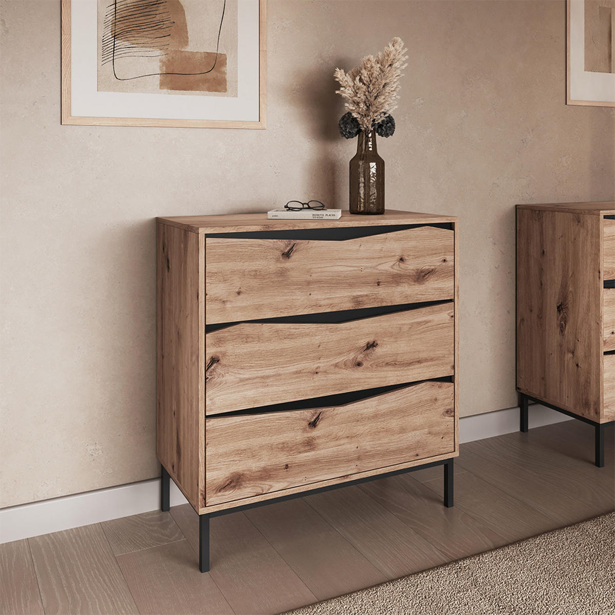 KOMMODE Elvano, Eiche/Schwarz, 79.2 x 85 cm mit 3 Schubladen - Eichefarben/Schwarz, Holzwerkstoff (79.2/85/39.2cm) - Vicco
