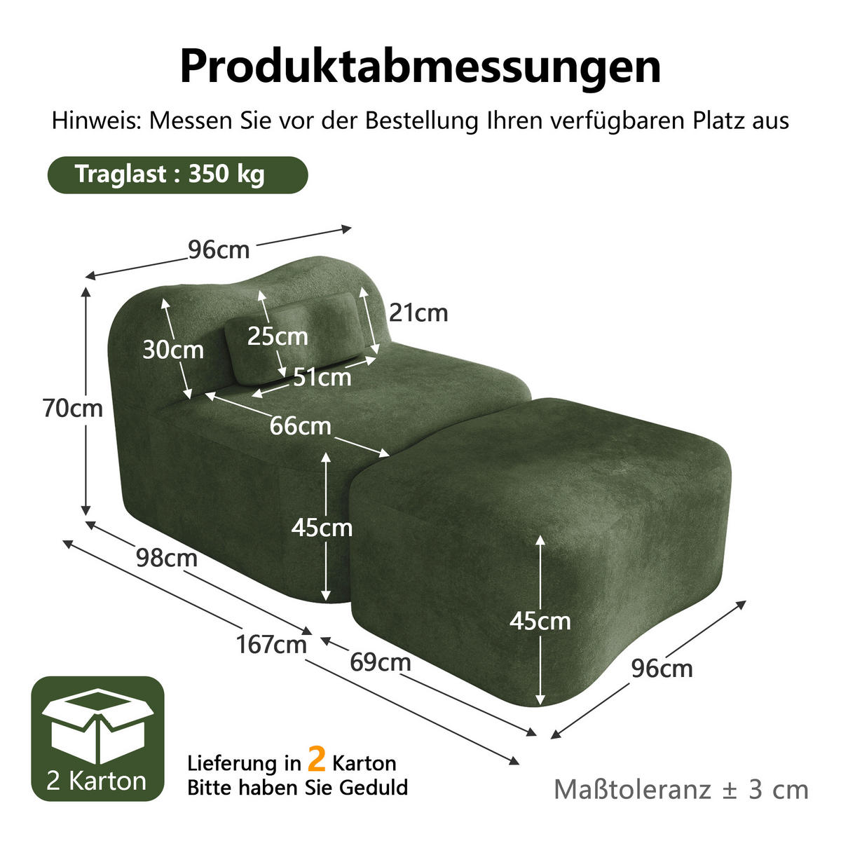 XXL-SESSEL Modular rahmenlos mit Ottoman, DE-42655, Grün - Grün, Textil (96/70/167cm) - ComfortXL