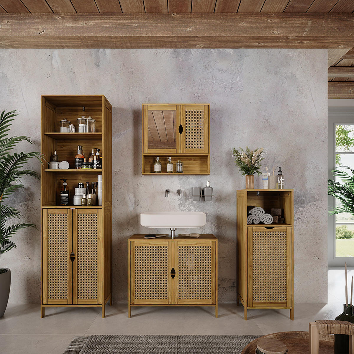 BADSCHRANK Liora Bambus 36 x 98 cm - Grün, Holzwerkstoff (36/98/33cm) - Vicco