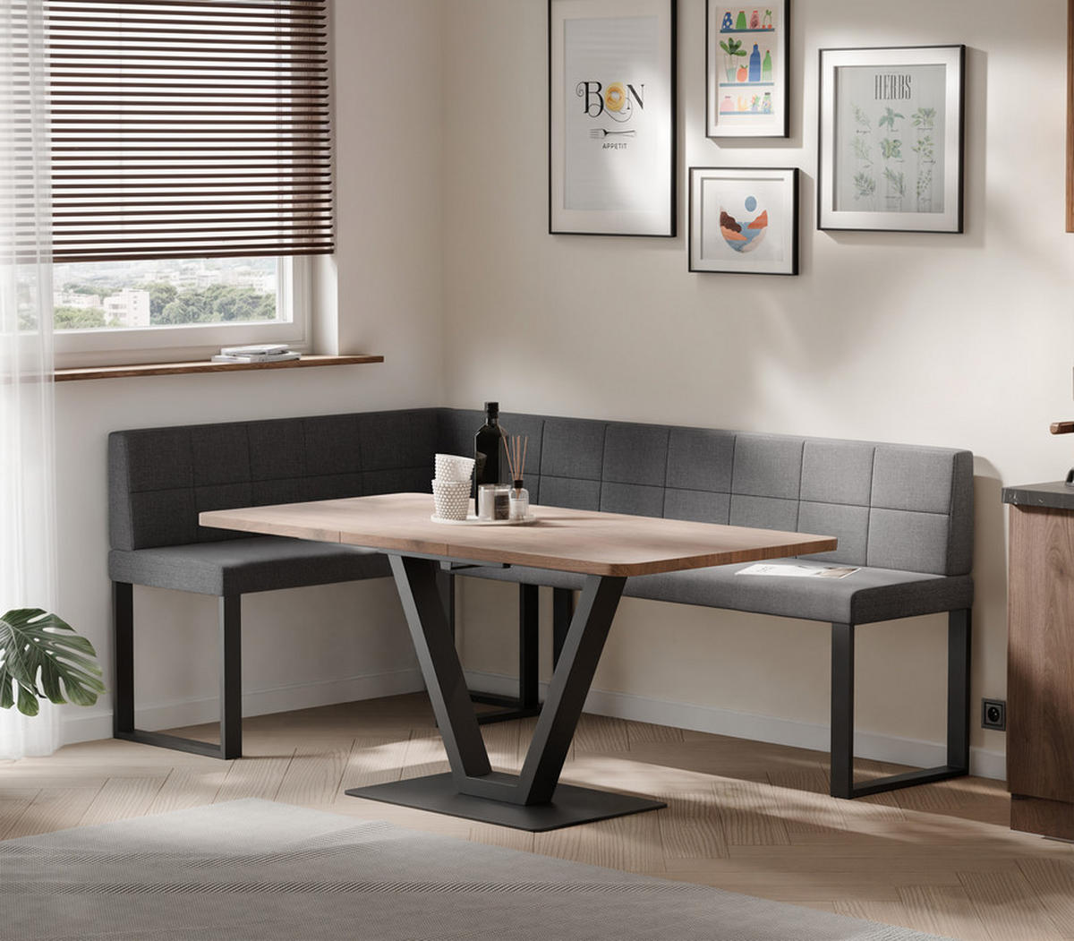 ECKBANK links SANA U Webstoff gesteppt, 142/196 cm Dunkelgrau - Dunkelgrau, Textil/Metall (142/196cm) - Idohome