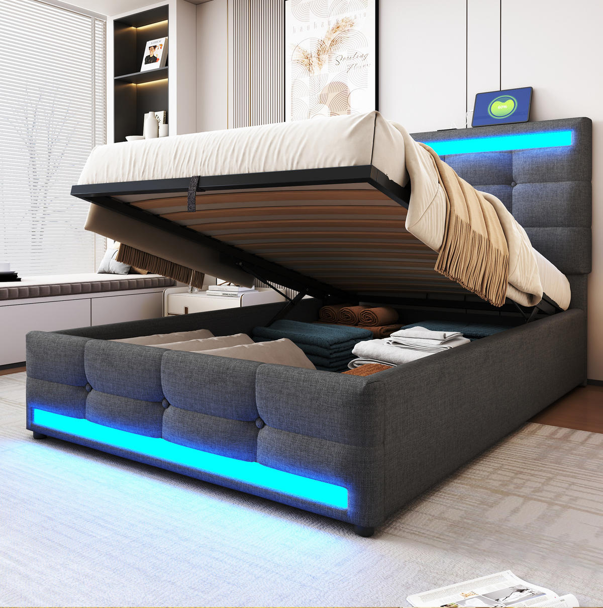 ČALOUNĚNÁ postel 90/200 cm šedá z tkaniny s LED osvětlením a USB - šedá, textil (90/200cm) - OKWISH