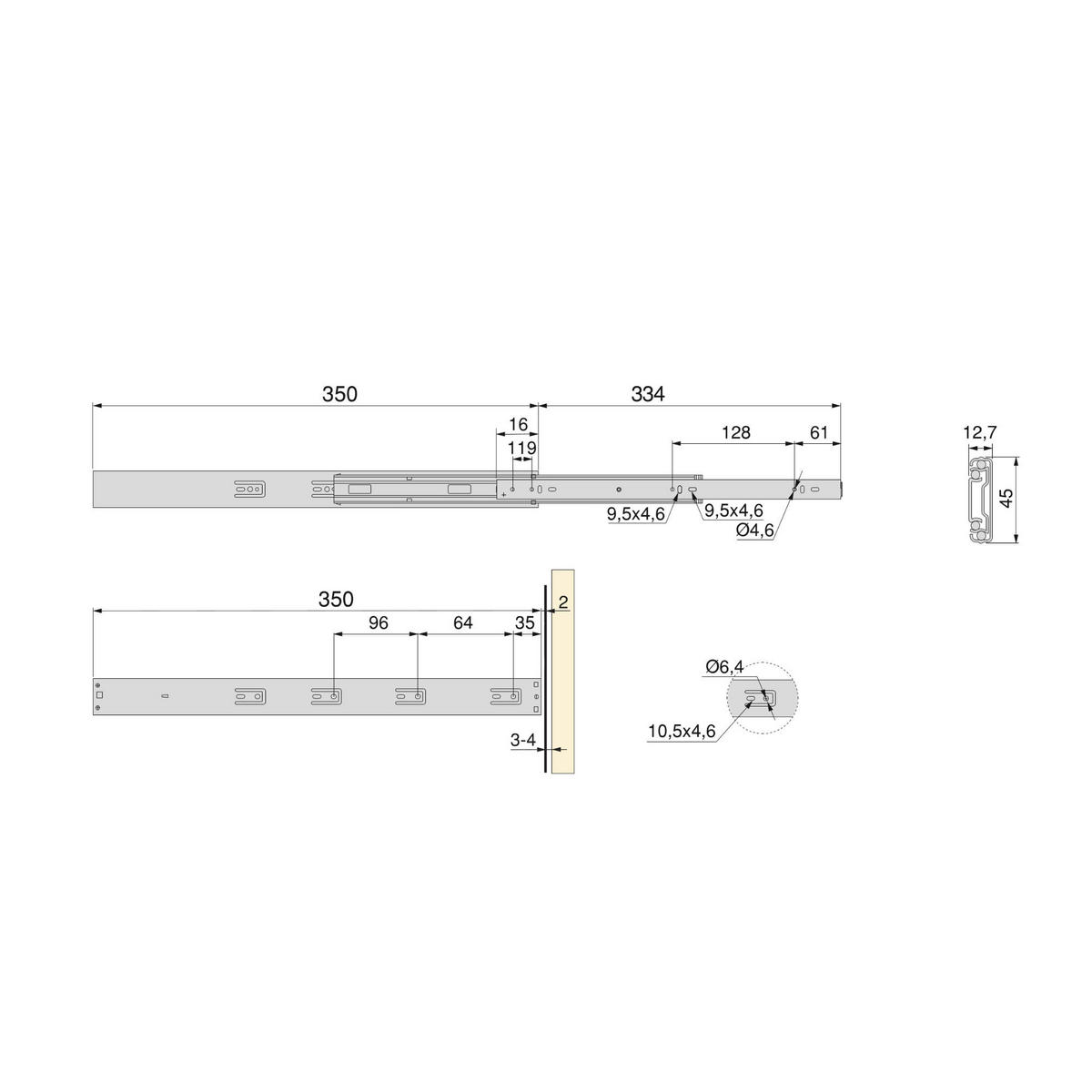 KUGELFÜHRUNGEN Höhe 45mm, Tiefe 350mm, Vollauszug, mit Push, mit Schließautomatik, Verzinkt 5er-set - Zinkfarben, Metall (10/8/36cm) - EMUCA