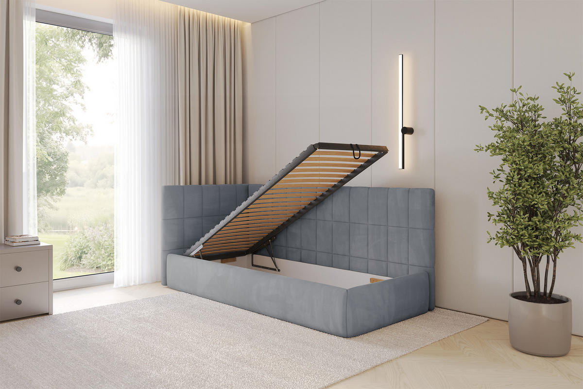 EINZELLBETT Jugendbett mit Bettkasten und Matratze H3/H4, Rechts - TULY 90x200 Grau - Blaugrau, Holzwerkstoff/Textil (90/200cm) - ALTDECOR