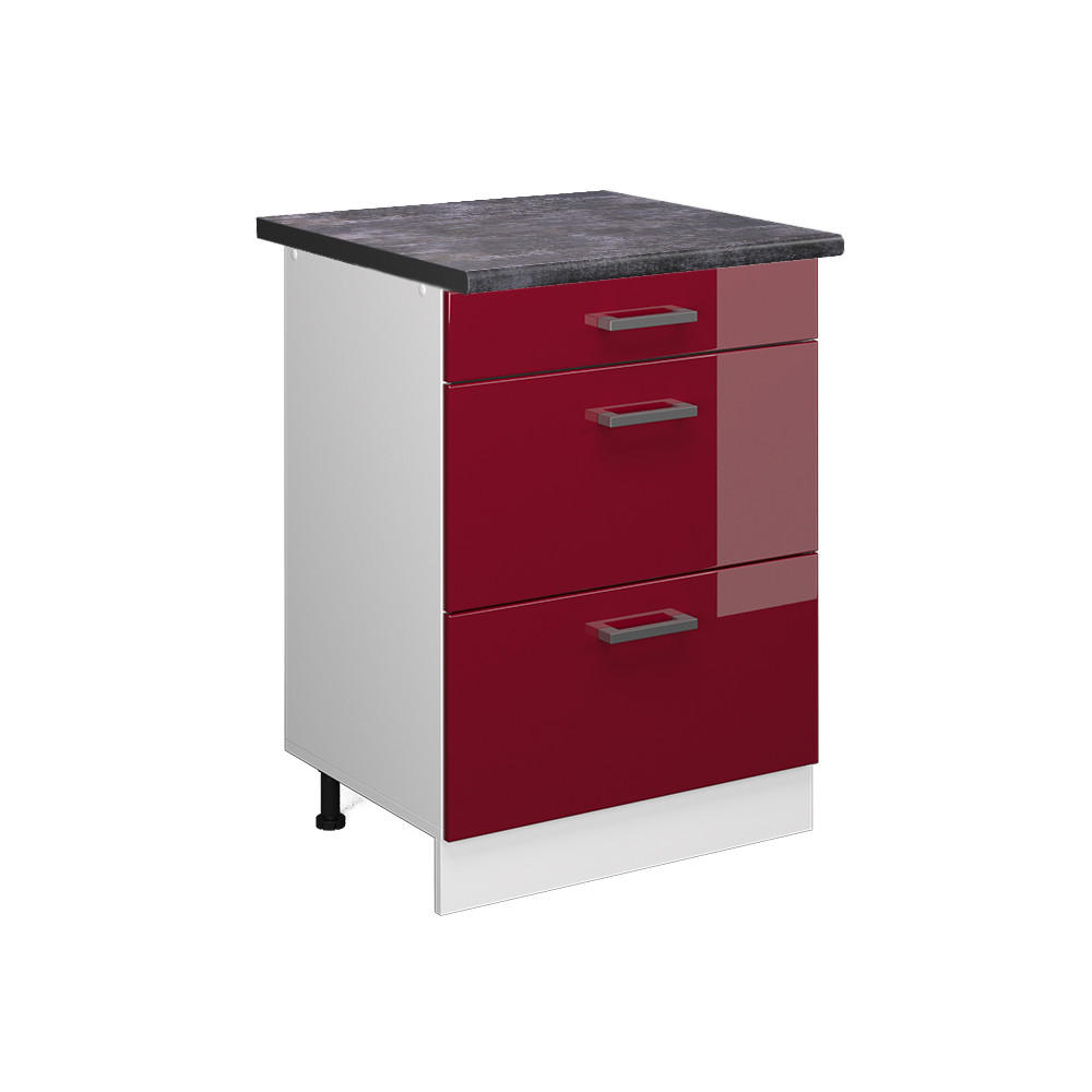 KÜCHENUNTERSCHRANK R-Line Rot Hochglanz 60 cm mit Schubladen, AP Anthrazit - Bordeaux/Rot, Holzwerkstoff (60/81.6/60cm) - Vicco