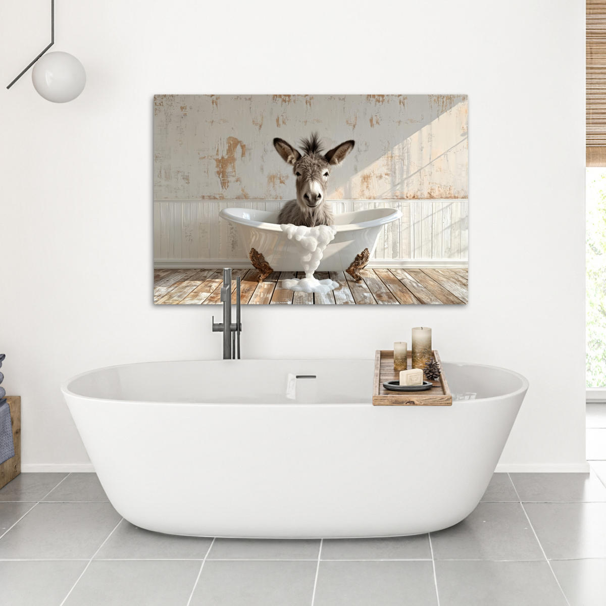 LEINWANDBILD Esel - Tiere - Badewanne - Schaumstoff Wohnzimmer 120x80 cm - Weiß, Textil (120/80cm) - MuchoWow