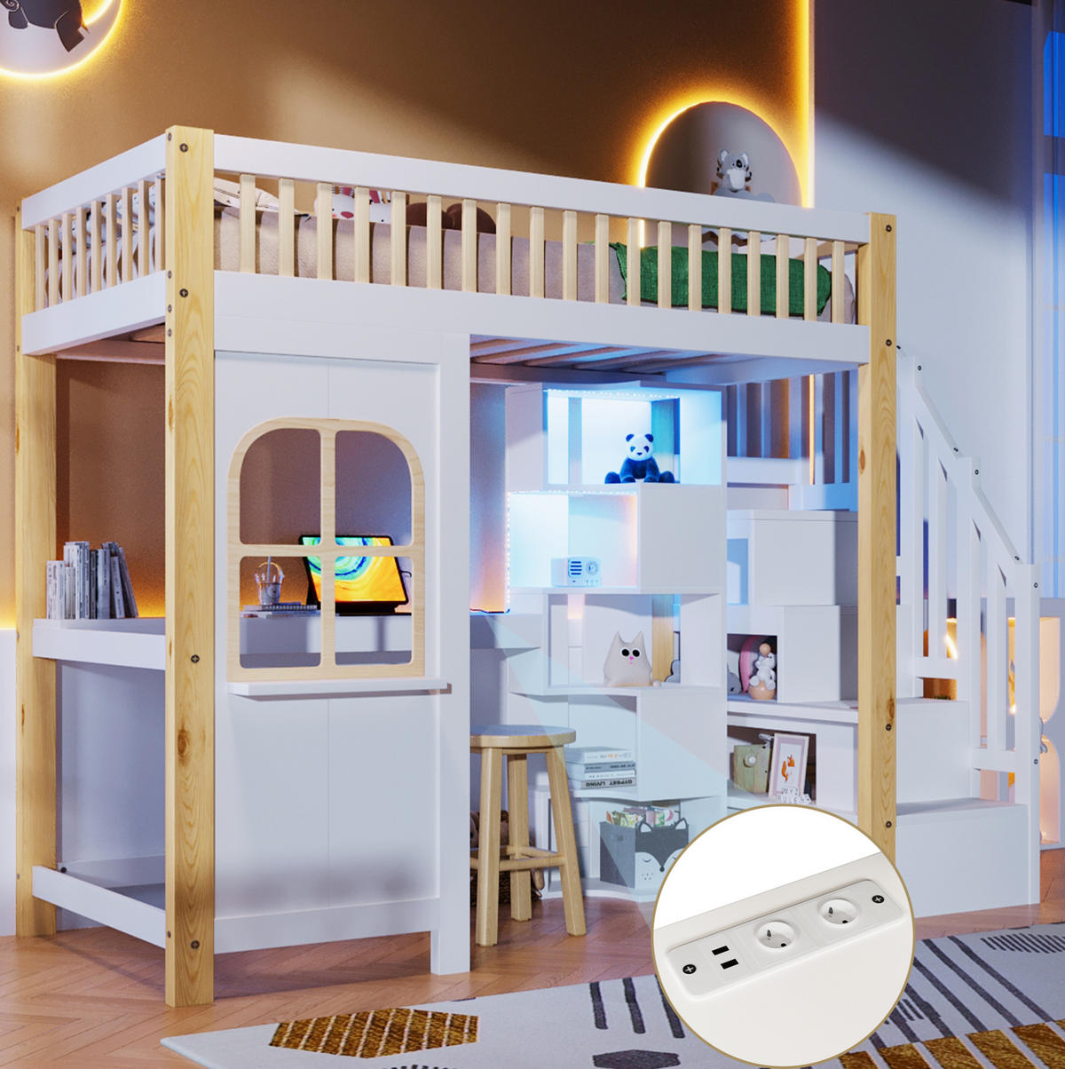 HOCHBETT 90/200 cm mit LED-Leuchten und Schreibtisch in Weiß und Natur mit Matratze - Weiß, Holzwerkstoff (140/200cm) - OKWISH