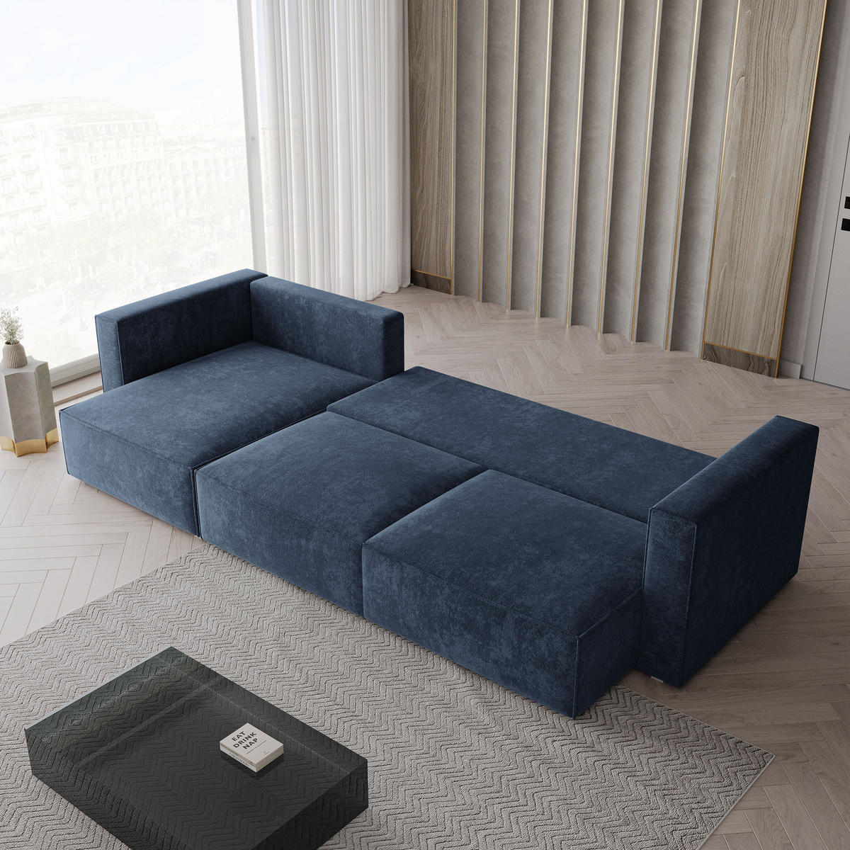 ECKSOFA TOLMO LM Blau Chenille mit Schlaffunktion - Blau, Holzwerkstoff/Textil (347/148cm) - MASSENO