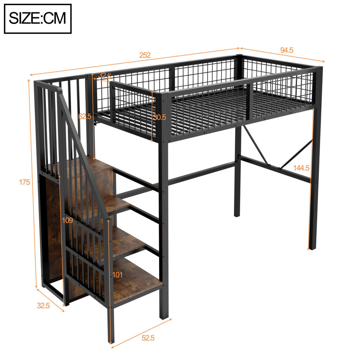 HOCHBETT aus Metall und Holz 90x200 cm Schwarz mit Stauraumleiter und LED-Beleuchtung - Schwarz, Metall (90/200cm) - Modfu
