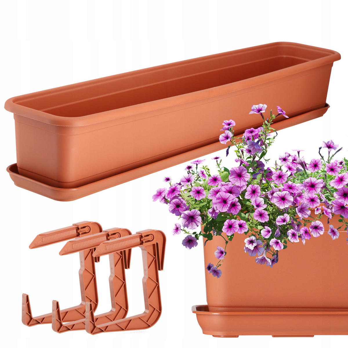 BALKONKASTEN mit Untersetzer und Griffen 80 cm, Terrakotta - Terra cotta, Kunststoff (18/83cm) - KADAX