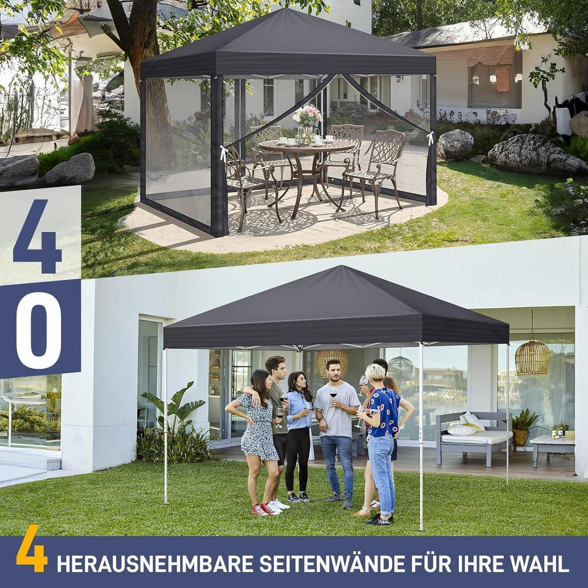 FALTPAVILLON 3 x 3 m Anthrazit mit Moskitonetzen - Anthrazit, Textil (300/245/300cm)