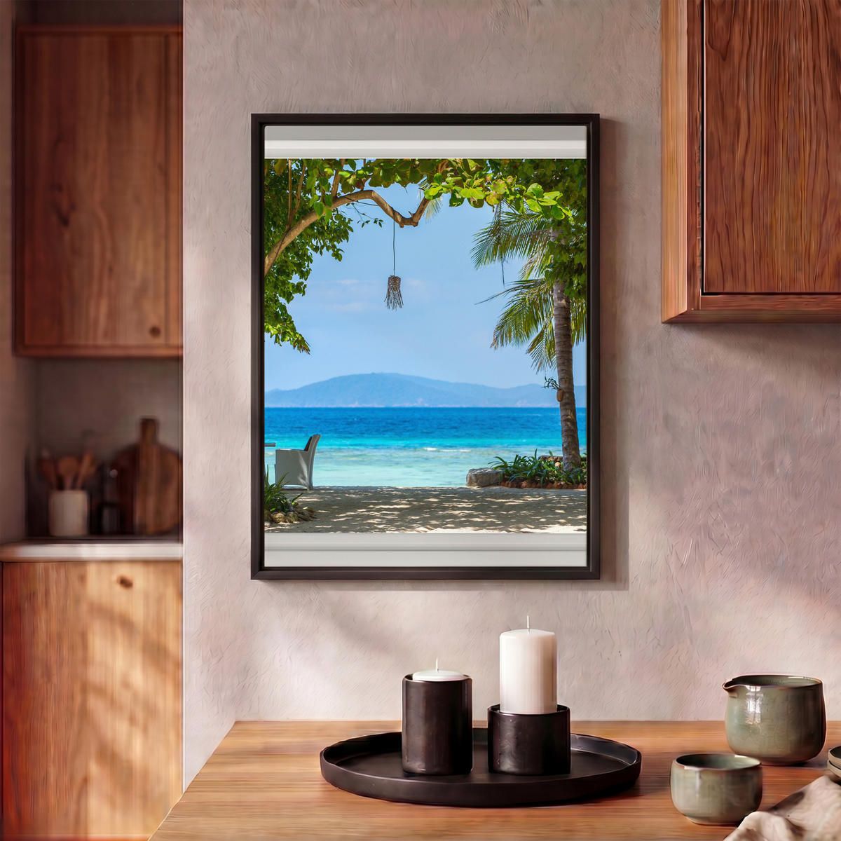 LEINWAND Bilder mit Rahmen - Aussicht - Baum - Meer - Palme - Hügel - Strand - Blau - 30x40 - Blau, Textil (30/40cm) - MuchoWow