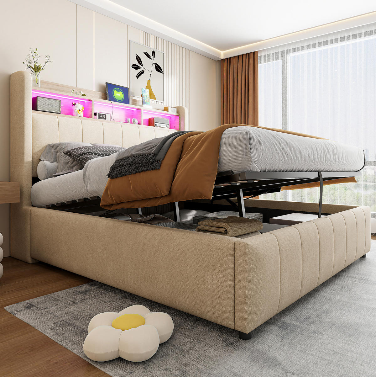 POLSTERBETT 140/200 cm mit Bettkasten, LED-Beleuchtung und USB in Beige - Beige, Textil (140/200cm) - BEAOK