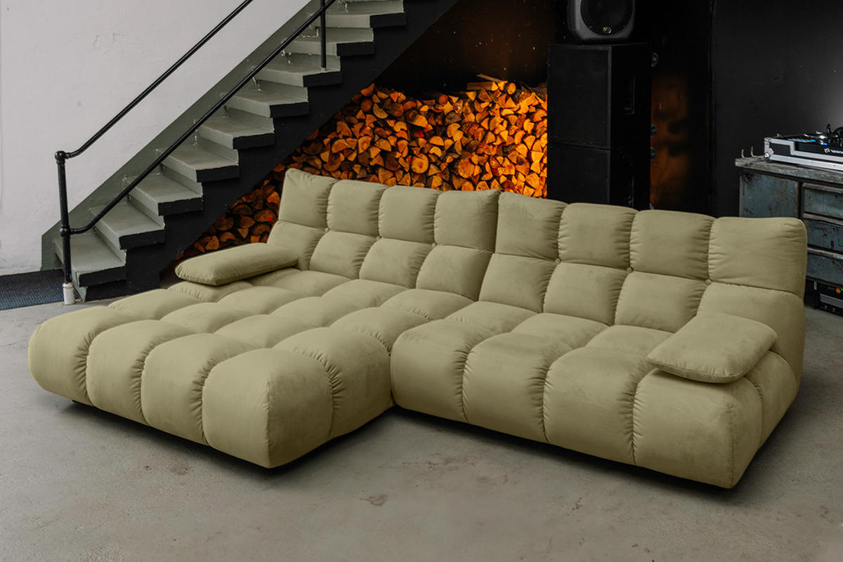 ECKSOFA VIVIEN Grün Velvet - Schwarz/Olivgrün, Kunststoff/Textil (290/178cm) - KAWOLA