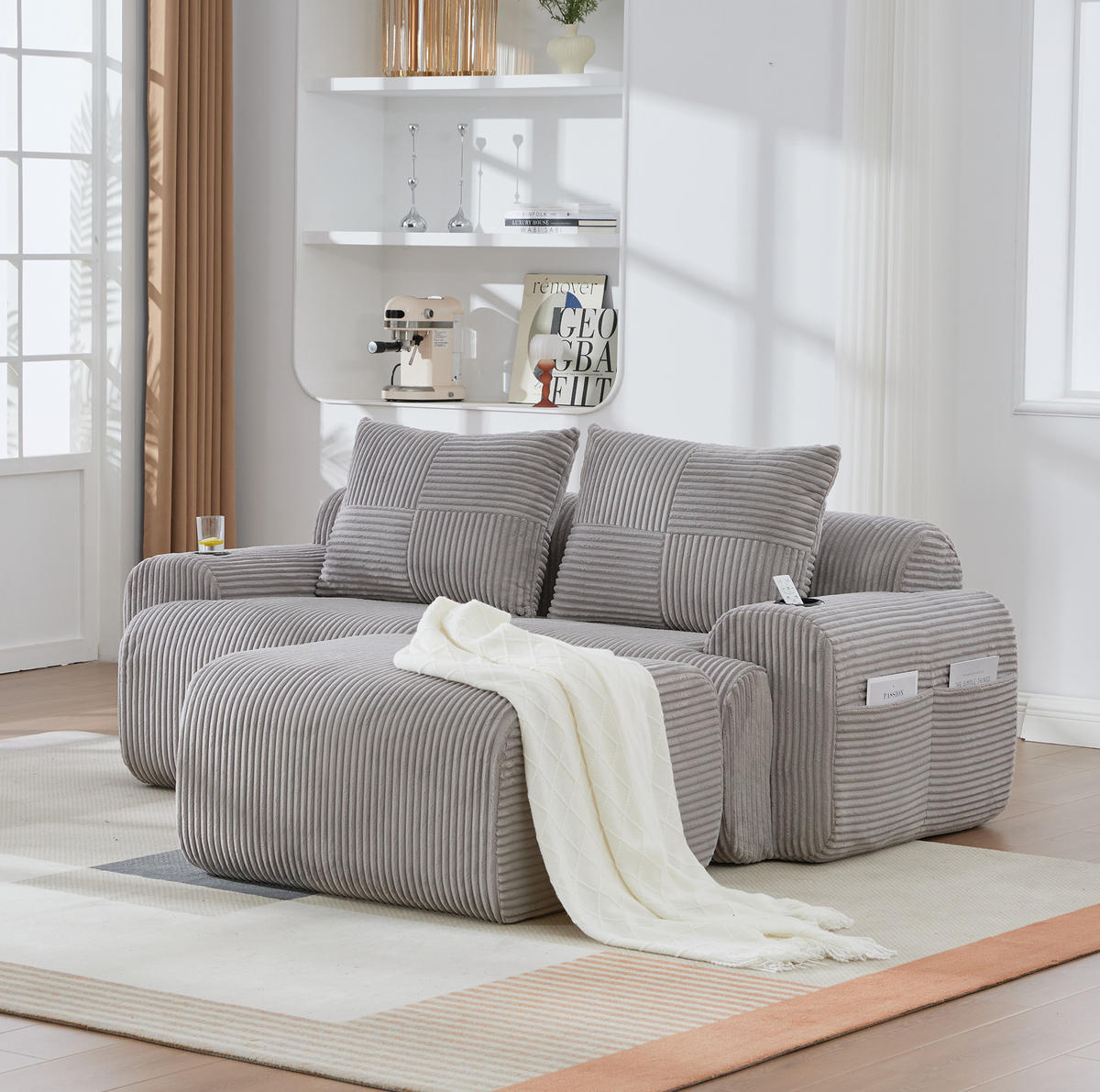 SOFA modular 2-Sitzer mit Hockern 200 x 174 cm Cord Hellgrau - Hellgrau, Kunststoff (174/200cm) - Meubliv
