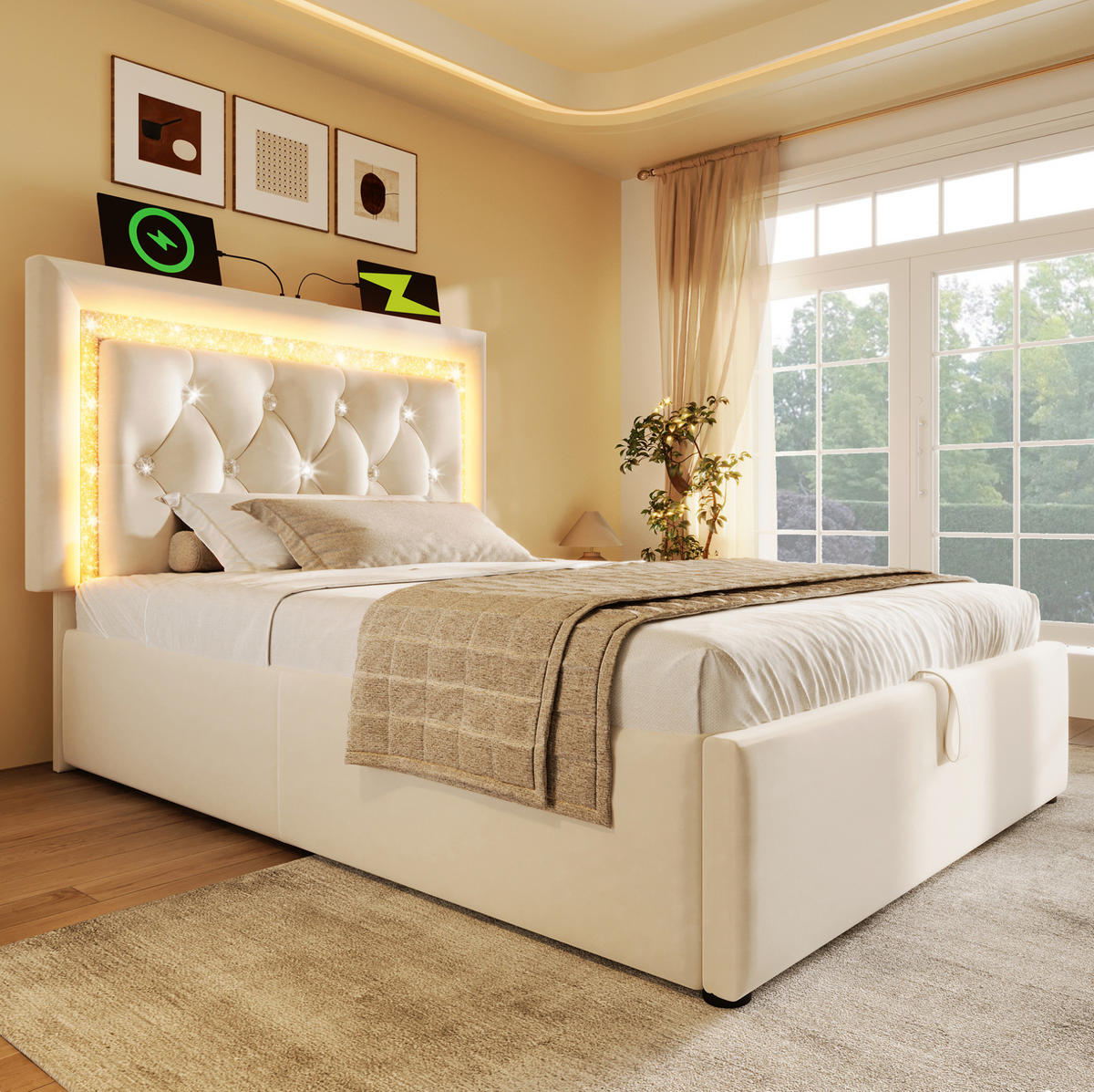POLSTERBETT 90/200 cm Beige aus Samt mit Bettkasten, LED und Matratze - Beige, Textil (90/200cm) - Flora Grace