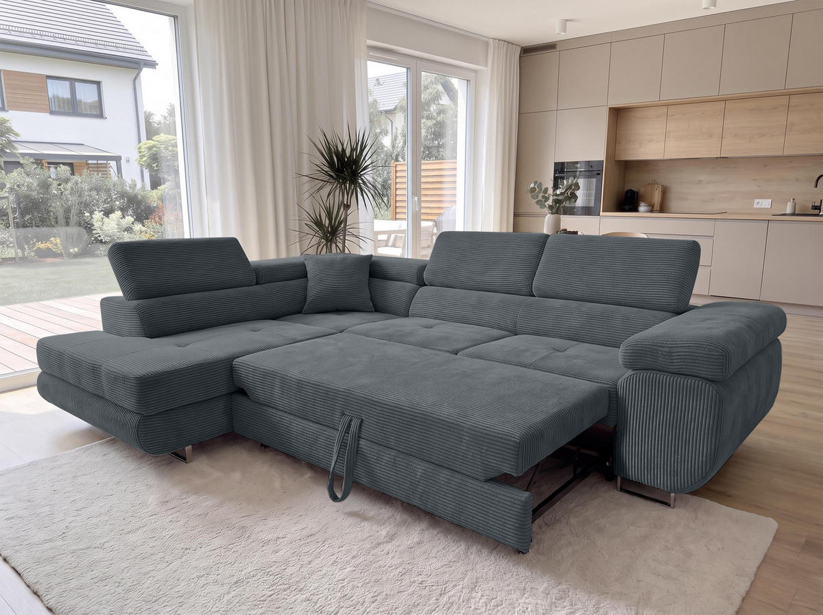 ECKSOFA L Form Konak Dunkelgrau 276/201/90 cm Links mit Schlaffunktion - Dunkelgrau/Silberfarben, Textil/Metall (203/276cm) - AX Living