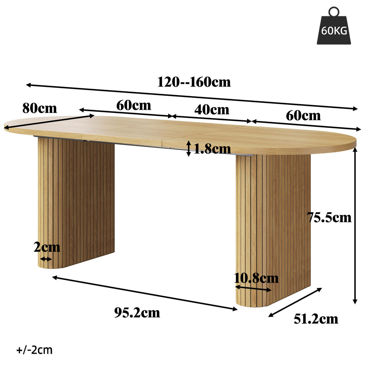 ESSTISCH Ausziehbar 120-160Cm Oval Holzstruktur Natur - Naturfarben, Metall (80/120/75.5cm) - FLIEKS