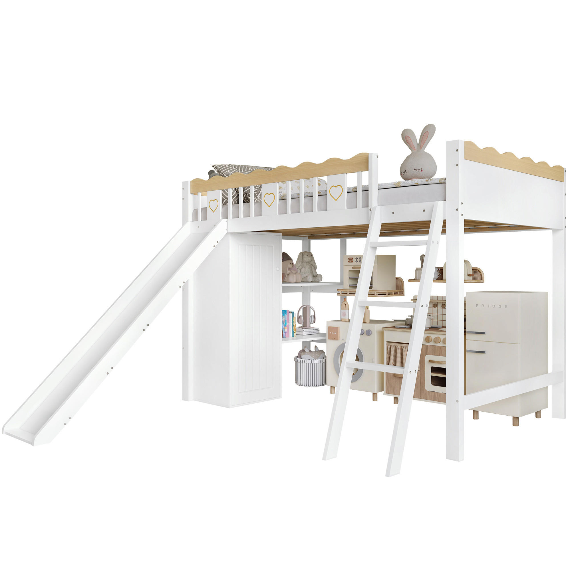 HOCHBETT 90/200 cm Weiß Natur mit Kinderrutsche, Kleiderschrank und Ablageschrank ohne Matratze - Weiß, Holz (90/200cm) - MIVRAY
